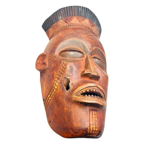 Large Vintage Wooden African Warrior Mask Wall Decor Hand Carved 16" x 9" - Picture 8 of 8